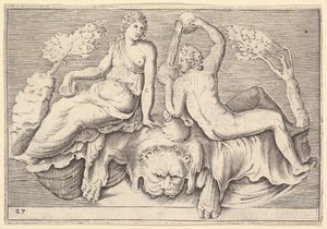 Kvinde og mand siddende på løveskind, mand skænker vin, udgivet ca. 1599-1622. af Unbekannt