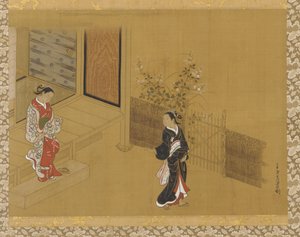 Kvinde på verandatrappen, en anden i haven, Edo-periode, 1700-tallet. af Unbekannt