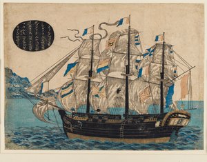 Woodblock Print - Dutch Sailing Boat, med flag af VOC af Unbekannt