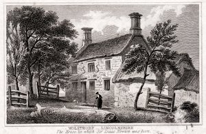 Woolsthorpe Manor, nær Grantham, Lincolnshire, fødested for Sir Isaac Newton, begyndelsen af det 19. århundrede af Unbekannt
