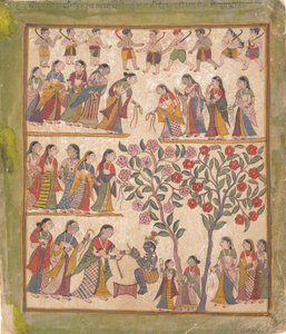 Yashoda binder Krishnas hænder: Side fra et spredt Bhagavata Purana-manuskript, 1640-50. af Unbekannt