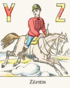 Z : Zephir, en rytter, der galopperer på sin hest ved navn Zephyr - Games Alphabet, ca. 1890 (gravering) af Unbekannt