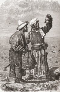 En afghansk soldat holder sin fjendes afhuggede hoved, illustration fra "The World in the Hands", graveret af Gauchard og Charles Barbant (død 1922), udgivet i 1878 af Unbekannt Unbekannt