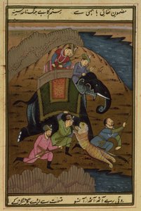 Kejser Akbar (1556-1608) på tigerjagt, fra Akbarnama, Mughal, (illustreret tekst) af Unbekannt Unbekannt