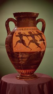 Græsk sort-figur amfora, der forestiller løbere i et løb, 600-550 f.Kr. af Unbekannt Unbekannt