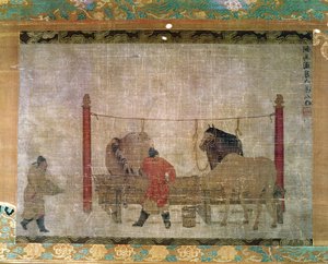 Hængende, forestillende brudgomme, der fodrer heste, blæk og akvarel på silke, tilskrevet Jen Jen-Far, kinesisk, 1300-tallet af Unbekannt Unbekannt