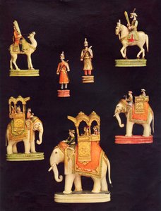 Stykker fra et elfenben skaksæt lavet i Delhi til Begum Samru i ca. 1790 (farve litho) af Unbekannt Unbekannt