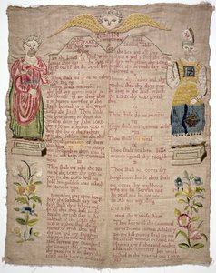 Sampler, der viser de ti bud, af Elizabeth Coventry, engelsk, 1727 (farvet silke på linned) af Unbekannt Unbekannt