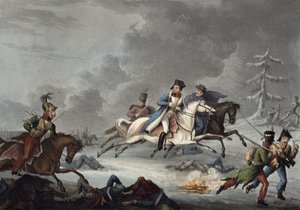 Bonapartes flugt fra slaget ved Krasnoi af William Heath, udgivet den 1. april 1815 (akvaratint i farver)