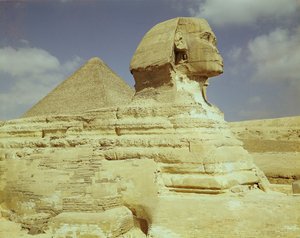 Sfinksen og den store pyramide af Khufu i Giza, Det Gamle Kongerige, ca. 2613-2494 f.Kr.