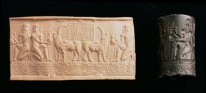 00326 Cylinder segl af Shar-kali-sharri, konge af Akkad, Mesopotamien, ca. 2340-2100 f.Kr. (sort marmor) af Unbekannt