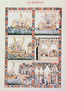 102-0625868/1 A Journey to Acre, illustrationer til Cantiga 172, en af 420 musikalske kompositioner, der fortæller om Jomfruens mirakler, skrevet på galicisk for Alfonso X 