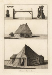 Militærtelte fra det 18. århundrede: hest eller stativ til støtte for ildlåse 1,2,3, musketter på stativet 4, laboratorietelte tilhørende artilleriet 5, feltofficerstelt eller markis 6 af Unbekannt