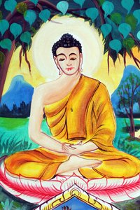 20151029, Vientiane, Laos: Wat Inpeng buddhisttempel. Maleri, der skildrer Shakyamuni Buddhas livshistorie. Buddha sidder i meditationsstilling af Unbekannt