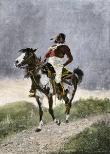 En modig comanche, der rejser på hesteryg på den sydlige prærie (Texas, Oklahoma, USA), omkring 1800. Litografi af Unbekannter Künstler