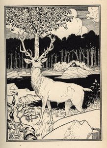 Et kirsebærtræ på hovedet af en hjort rørt af stenene fra kirsebærspyd af Baron de Munchausen Illustration af William Strang (1859-1921) og JB Clark hentet fra "The Adventures of the Baron of Munchausen (Munchhausen) af Rudolf Erich Raspe (1736- af Unbekannt