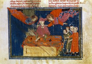 En gruppe syge mennesker og en herre, der gør et barmhjertigt arbejde ved at hjælpe dem. Miniature taget fra 