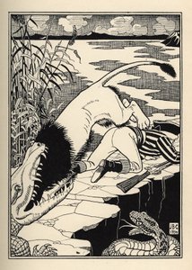 En løve, der ville angribe baronen de Munchausen, endte med en krokodille. Illustration af William Strang (1859-1921) og JB Clark fra "The Adventures of the Baron of Munchausen (Munchhausen) af Rudolf Erich Raspe (1736-1794) (1789) af Unbekannt