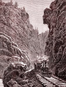 Et tog krydser Colorados bjerge. U.S.A. i 1886 (kobberstik) af Unbekannter Künstler