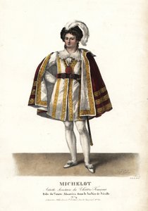 Skuespiller Pierre Marie Nicolas Michelot som Comte Almaviva i Le Barbier de Seville af Pierre Beaumarchais, Theatre Français. Håndkoloreret litografi af F. Noel efter en illustration af Alexandre-Marie Colin fra Portraits d