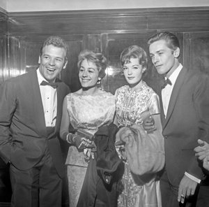Skuespillerne Renato Salvatori, Annie Girardot, Romy Schneider og Alain Delon ved den 21. filmfestival i Venedig (s/h-billede)