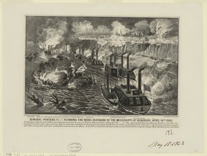 Admiral David Dixon Porters flåde kører oprørsblokaden på Mississippi ved Vicksburg den 16. april af Unbekannt