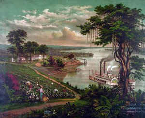 Afroamerikanere plukker bomuld på en plantage ved Mississippi-floden, ca. 1883. Plantagehuset til venstre, arbejdernes hytter til højre for det. Anløbsbro til lastning af bomuldsballer i midten. Padledamper Flod Landbrug Tekstil Landskab USA af Unbekannter Künstler