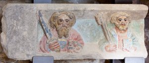 Altertavle. polykrom sten. Anden halvdel af 1300-tallet. Oprindelse tidligere sognekirke Torre de Rialb. Detalje. Nedre register. Venstre panel. Evangelisterne Paul Peter. af Unbekannt