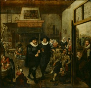 En almoner og en politisergent besøger en fattig familie, 1625-1630 af Unbekannt