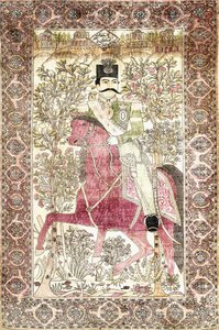 Et antikt Kashan "mochtasham" billedtæppe af silke, der forestiller den monterede figur af Naser al-Din Shah af Unbekannt