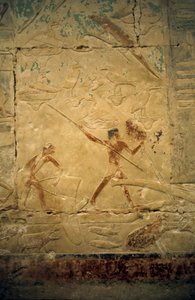 Det gamle Egypten: Saqqarah (eller Saqqara eller Sakkarah): det gamle imperiums nekropolis, adeliges grav. Detalje af reliefferne, der viser en fiskescene.