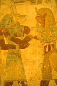 Det gamle Egypten, Vægmaleri/udskæring, Seti I, der omfavner guden Anubis, Seti I-templet, Abydos