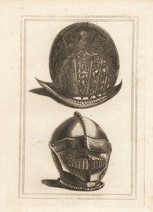 Gammel venetiansk morionhjelm udsmykket med militære trofæer og en burgonet hjelm med samlet visir og bever fra Tower of London af Unbekannt