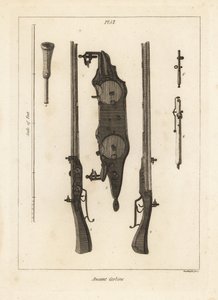 Gammel karabin med to ladninger i samme tønde affyret af to flintlås 1,2, flintlås 3, ramstang 4 og skruenøgler 5,6 af Unbekannt