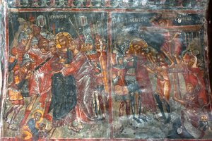 Gamle fresker; vægmalerier; kys af Judas; Jesu korsfæstelse; Panagia og Sotiras kirke; græsk-ortodokse kirke; Roustika; Kreta; Grækenland; Europa af Unbekannt