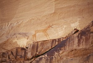 Dyrefigurer, klippemalerier af Navajo-kunstnere, Canyon de Chelly National Monument, Navajo Indian Reservation, Arizona, USA af Benjamin Baud