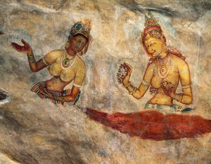 Apsaras, himmelske nymfer, der byder på blomster, fresco, befæstet citadel af Sigiriya (UNESCOs verdensarvsliste