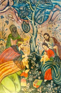 Armensk Apostolsk Kirke; Vægmaleri; Tilbedelse af Magi; Jesus Kristus; Maria og Josef; de tre vise mænd giver gaver; Bethlehem Kirke eller Bedkhem Kirke; Julfa distrikt eller Jolfa; Isfahan; Iran; Asien af Unbekannt