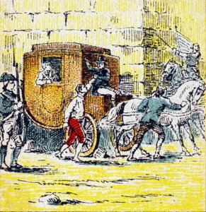 Anholdelse af Ludvig XVI og hans flygtende familie i Varennes den 21. juni 1791. Indgravering i "Histoire de France". Serie af reklamebilleder udgivet på vegne af Louit, 24 rue d