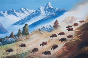 Kunst; maleri af en flok yaks under Ama Dablam-bjerget; livet på landet; galleri i Kathmandu; Nepal; Asien af Unbekannt