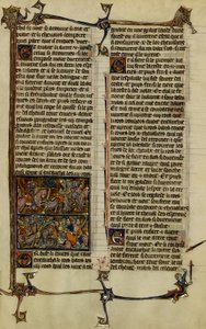 Arthur-legenden (jagten på den hellige gral) : Benoic jager Saxon og slaget ved Danablaise er to illuminationer, der stammer fra manuskriptet History of Merlin fra det 13. århundrede mellem 1280-1290. af Unbekannter Künstler