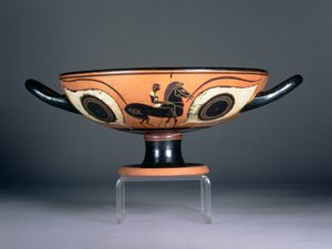 Attic sort-figur øjenkop, med tilføjet rød og hvid dekoration forestillende en hest og rytter, 480-450 f.Kr. (keramik) af Unbekannt
