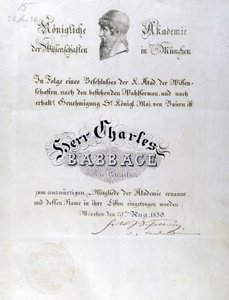 Babbage Æresdiplom tildelt Charles Babbage af Unbekannt
