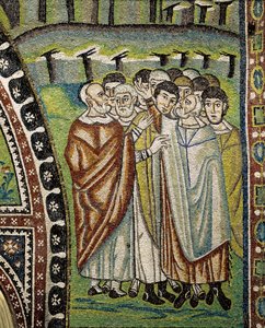 Basilica of San Vitale, detalje af lunettemosaikker over indgangen til ambulatoriet, der repræsenterer Aron-ledere af tolv stammer i Israel, Ravenna, Emilia-Romagna, Italien af William M. Timlin