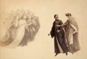 Beatrice, på Paradisets himmelhvælving, viser Dante en gruppe sjæle. Illustration af Canto III i Paradiso i Den guddommelige komedie af Dante Alighieri. Et værk af Franceso Scaramuzza dedikeret til Firenzes kommune. af Unbekannter Künstler