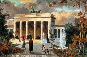 Berlin - Brandenburger Thor. Udsigt over Brandenburger Tor, med blomster og forbipasserende, slutningen af 19/20. århundrede (print) af Unbekannter Künstler