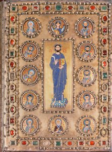 Bogomslag, der viser Kristus velsignelse, med rundeller, der afbilder helgener af Unbekannt