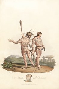 Britisk antikvitet (førromersk periode, før 1. århundrede): Katinske og kaledonske indbyggere (Skotland) fra de nordlige sletter og skove i Storbritannien, med tatoveringer dækket - Forte water af Robert Havell (1793-1878) efter en illustration af Charles  af Unbekannter Künstler