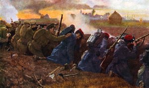 Britiske tropper kæmper med franskmændene for at stoppe det første tyske angreb, efteråret 1914 af Unbekannter Künstler