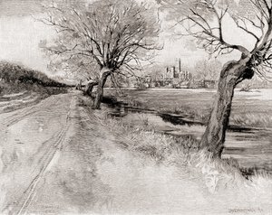 Canterbury Cathedral, fra sydvest, ved solnedgang, fra The Century Magazine, udgivet 1887 (gravering) af Unbekannt